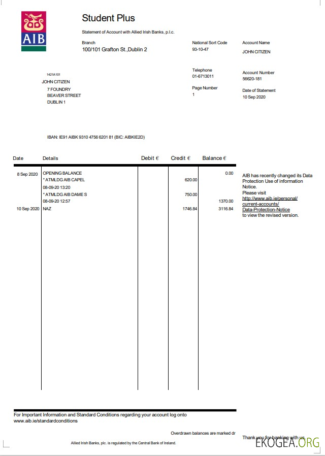 Relevé bancaire d'Irlande AIB